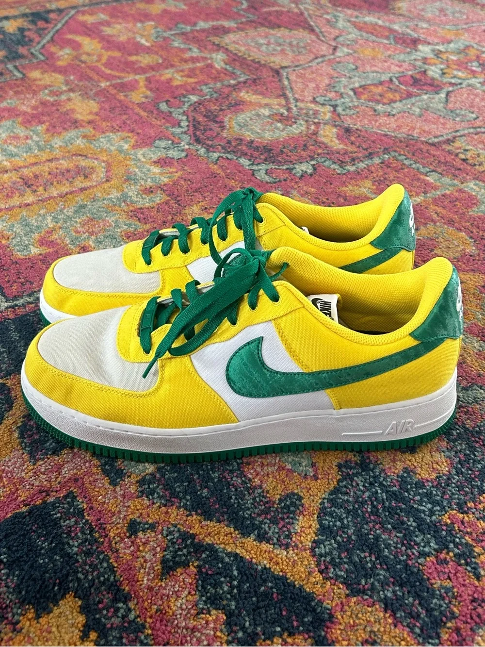 Nike | Men’s White/Yellow/Green Canvas Air Force 1 Lace Up Low Top Sneakers 13